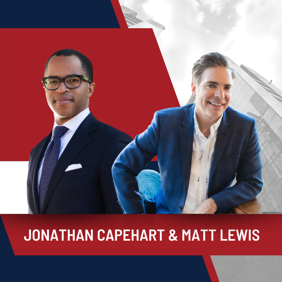 Jonathan Capehart & Matt Lewis smiling in front of a red and egg-white background
