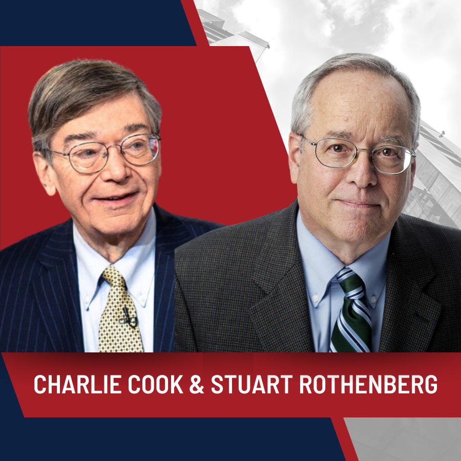 Charlie Cook and Stuart Rothenberg smiling in front of a red and egg-white background