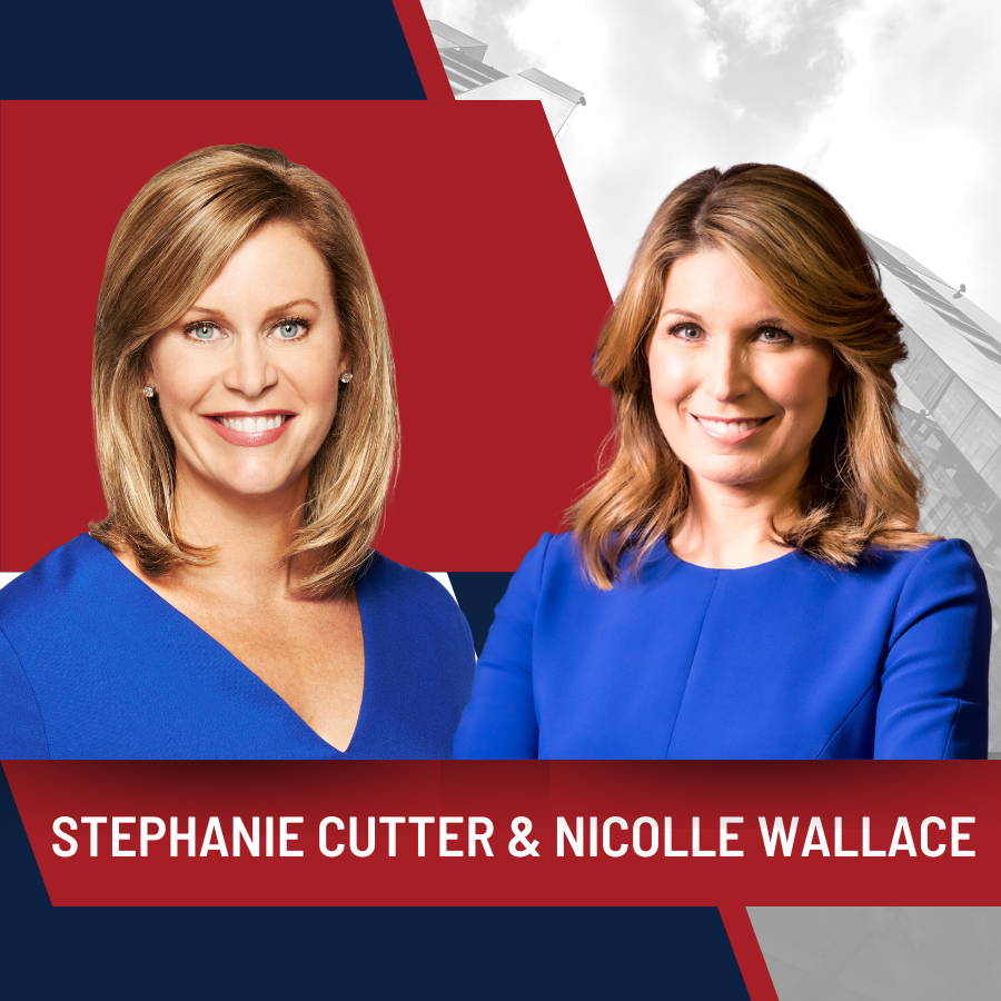 Stephanie Cutter and Nicolle Wallace smiling in front of a red and egg-white background