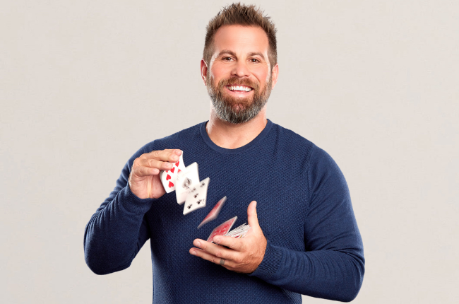 jon dorenbos shuffling cards, white background