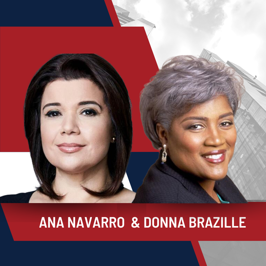 Ana Navarro and Donna Brazile smiling in front of a red and egg-white background