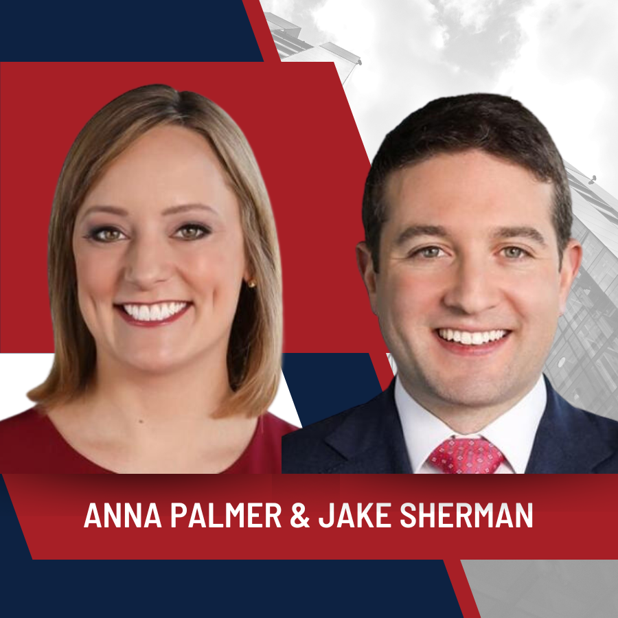 Anna Palmer & Jake Sherman smiling in front of a red and egg-white background