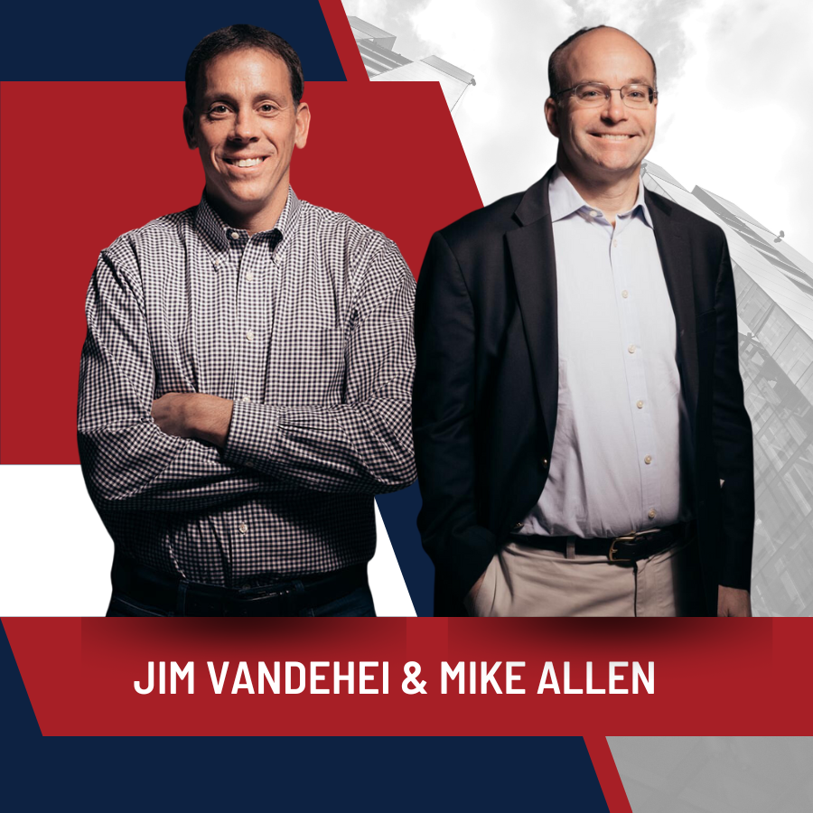 Jim Vandehei and Mike Allen smiling in front of a red and egg-white background