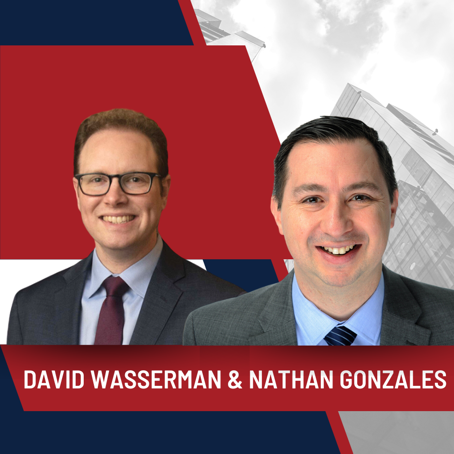 David Wasserman and Nathan Gonzales smiling in front of a red and egg-white background